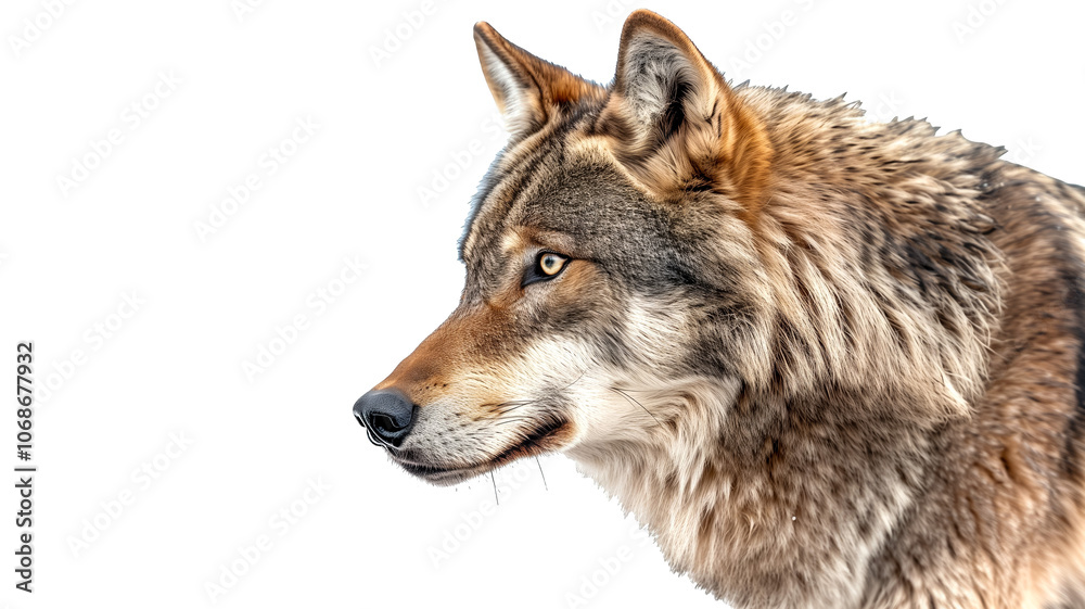 Profile of a gray wolf with intense gaze on white background Profile of a gray wolf with intense gaze on white background