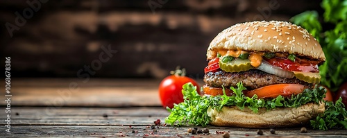 A delicious burger with fresh ingredients on a wooden table. Fast food, culin photo