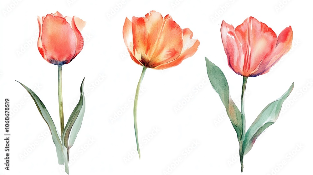 Obraz premium Beautiful watercolor tulip flowers showcasing vibrant colors and delicate petals, perfect for spring-themed designs and illustrations.