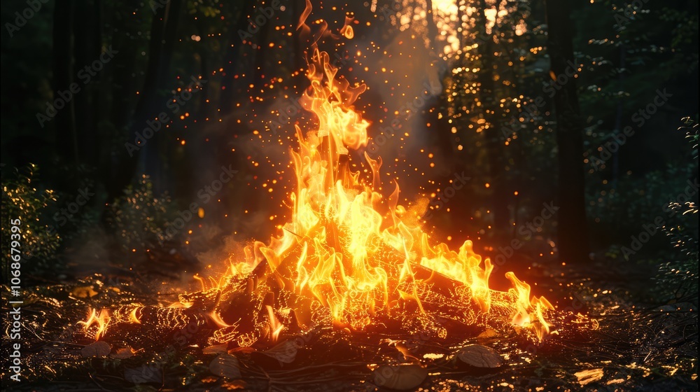 A bonfire raging flames in the middle of a dense, sunny forest. A bonfire raging flames in the middle of a dense, sunny forest.
