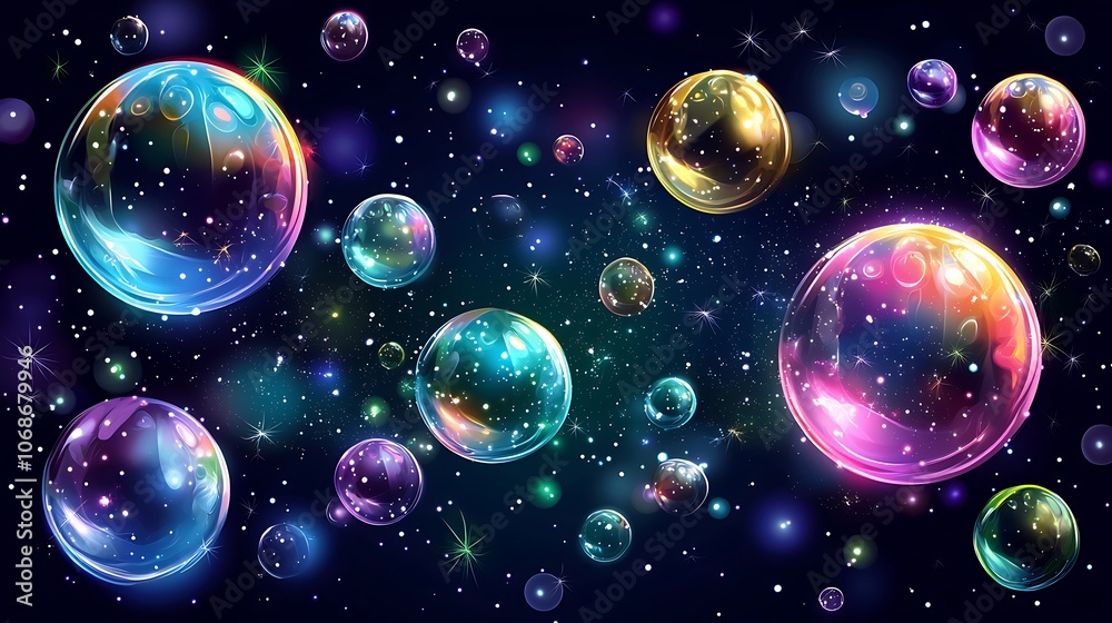 Naklejka premium Abstract Space with Colorful Bubbles and Stars.