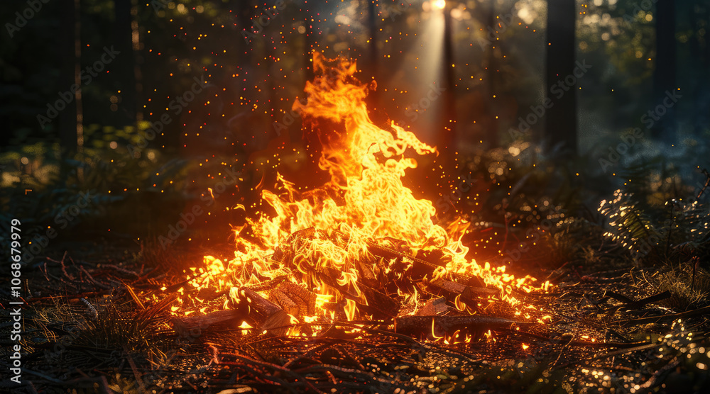 A bonfire raging flames in the middle of a dense, sunny forest. A bonfire raging flames in the middle of a dense, sunny forest.