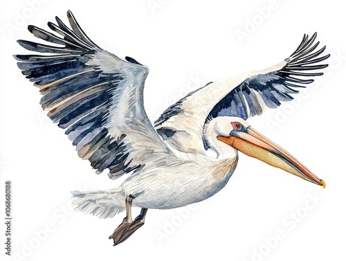 Detailed watercolor painting of a pelican in flight, showcasing its large wingspan, distinctive beak, and intricate feather patterns.