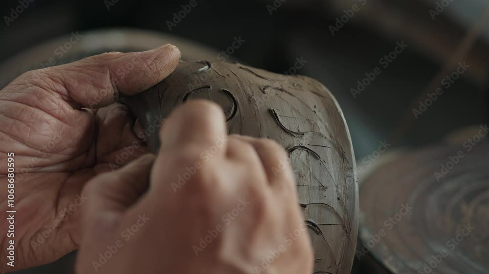 Unrecognizable aged potter with wrinkled palms and visible veins carving small earthenware vessel with sharp tool. Talented craftsman painting intricating details with sharp chisel indoors. Unrecognizable aged potter with wrinkled palms and visible veins carving small earthenware vessel with sharp tool. Talented craftsman painting intricating details with sharp chisel indoors.