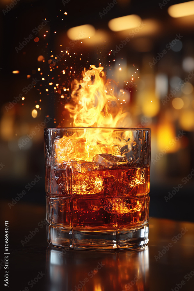 Flames and ice in a dramatic whiskey glass.