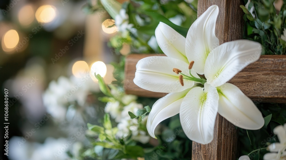 Obraz premium A close-up of a wooden cross decorated with white lilies, symbolizing the spirit of Easter, surrounded by fresh greenery and gentle light.