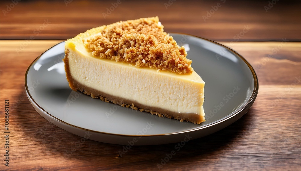 グレーのプレートに載ったカットチーズケーキ、クリーミーな質感とクランブルトッピングが美しい、温かみのある木目の背景で引き立つデザート
グレーのプレートに載ったカットチーズケーキ、クリーミーな質感とクランブルトッピングが美しい、温かみのある木目の背景で引き立つデザート