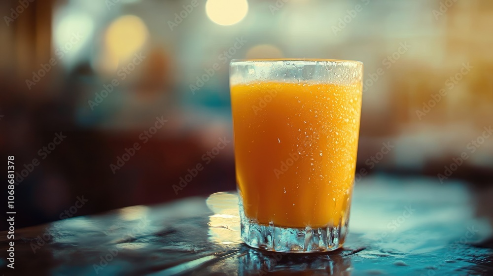 A cold, freshly squeezed orange juice in a clear glass, with droplets of condensation, placed on a rustic wooden table and a blurred background. A cold, freshly squeezed orange juice in a clear glass, with droplets of condensation, placed on a rustic wooden table and a blurred background.