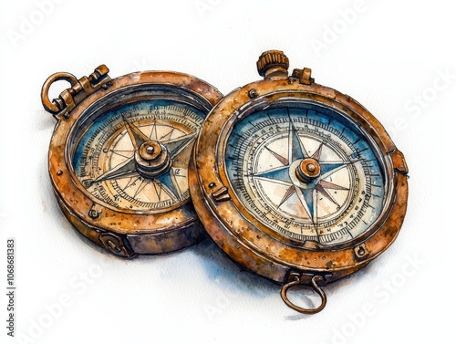 Detailed watercolor painting of two vintage compasses with tarnished metal and intricate designs, evoking a sense of exploration and navigation.