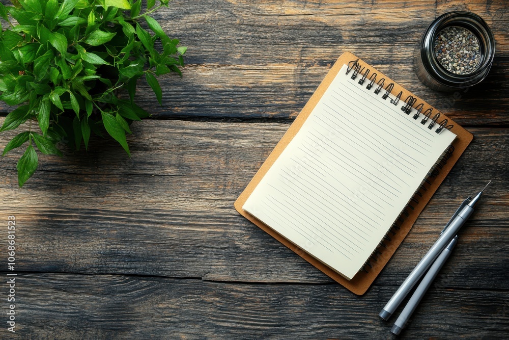 A cozy workspace featuring a notepad, pens, and a potted plant on a wooden desk A cozy workspace featuring a notepad, pens, and a potted plant on a wooden desk