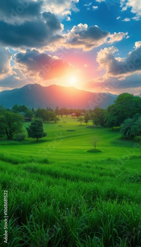 a view of a field with a sunset in the background