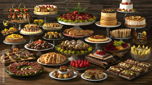 Illustration of Lavish Dessert and Savory Food Display