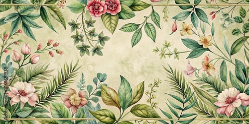 Wallpaper Mural Vintage Style Watercolor Postcard Design with Floral Leaves, Seamless Print, Textile Patterns, Botanical Elements, and Decorative Frames for Nature-Inspired Art and Stationery Torontodigital.ca
