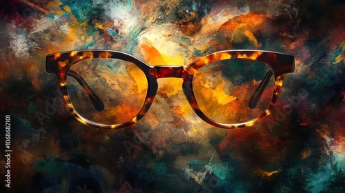 Tortoise shell eyeglasses with brown lenses against a colorful abstract background.