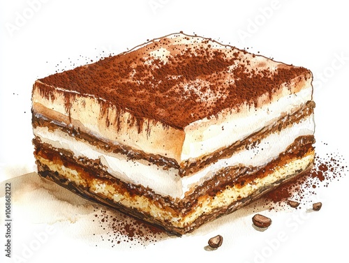Realistic watercolor painting of a tiramisu slice with layers of coffee-soaked cake, mascarpone, and cocoa powder, highlighting rich textures and flavors.