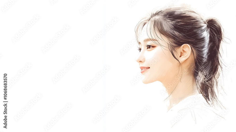 Digital Portrait of Young Woman with Ponytail and Soft Smile on White Background_1 Digital Portrait of Young Woman with Ponytail and Soft Smile on White Background_1