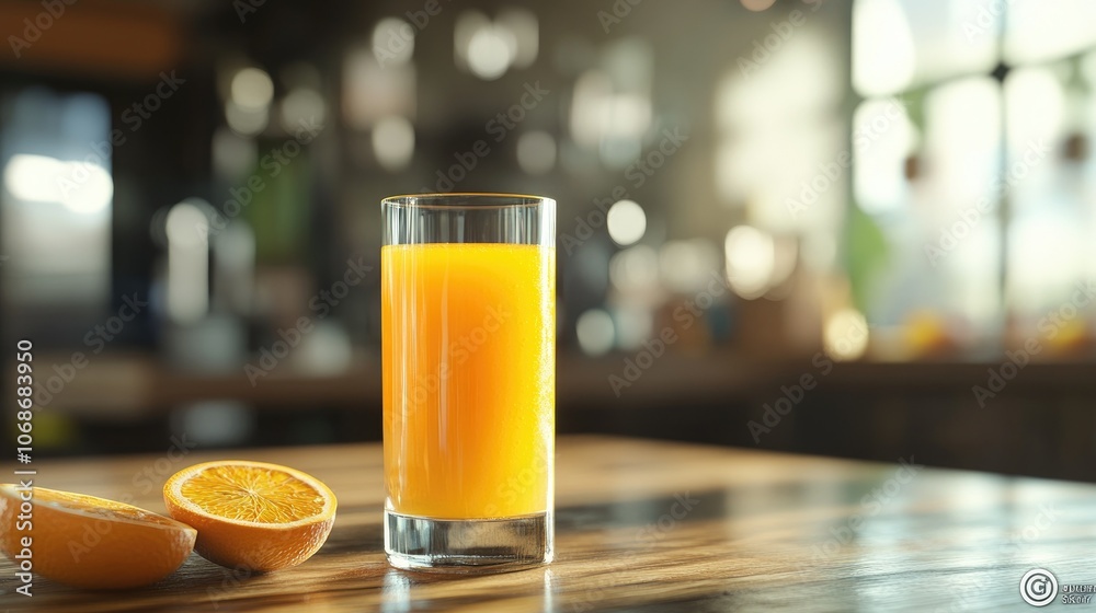 A glass of freshly squeezed orange juice with a bright, refreshing color, placed on a wooden table with a blurred kitchen background, perfect for summer. A glass of freshly squeezed orange juice with a bright, refreshing color, placed on a wooden table with a blurred kitchen background, perfect for summer.