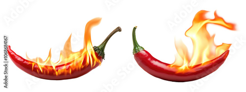 Two fresh red chilies that are very spicy, with a flare of flames. transparent background photo