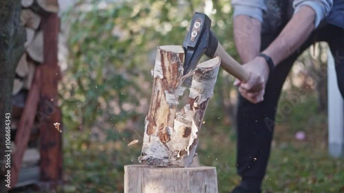 Wallpaper Mural Chopping birch logs on a stump, slow-motion capture of chips scattering. Sunny day, firewood stacked neatly in the garden. Torontodigital.ca