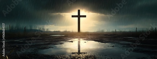 A large cross standing in the middle of an empty field, surrounded by water and rain pouring down on it.