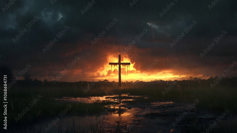 Obraz premium A large cross standing in the middle of an empty field, surrounded by water and rain pouring down on it.