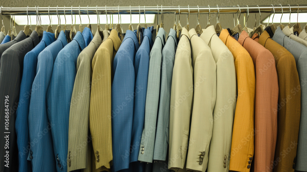 A row of colorful suits on hangers, showcasing a variety of shades including blue, beige, and orange in a well-organized display. A row of colorful suits on hangers, showcasing a variety of shades including blue, beige, and orange in a well-organized display.