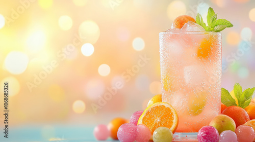 A refreshing glass of citrus-infused soda with ice, surrounded by vibrant fruits and mint leaves, set against a bright, bokeh background.