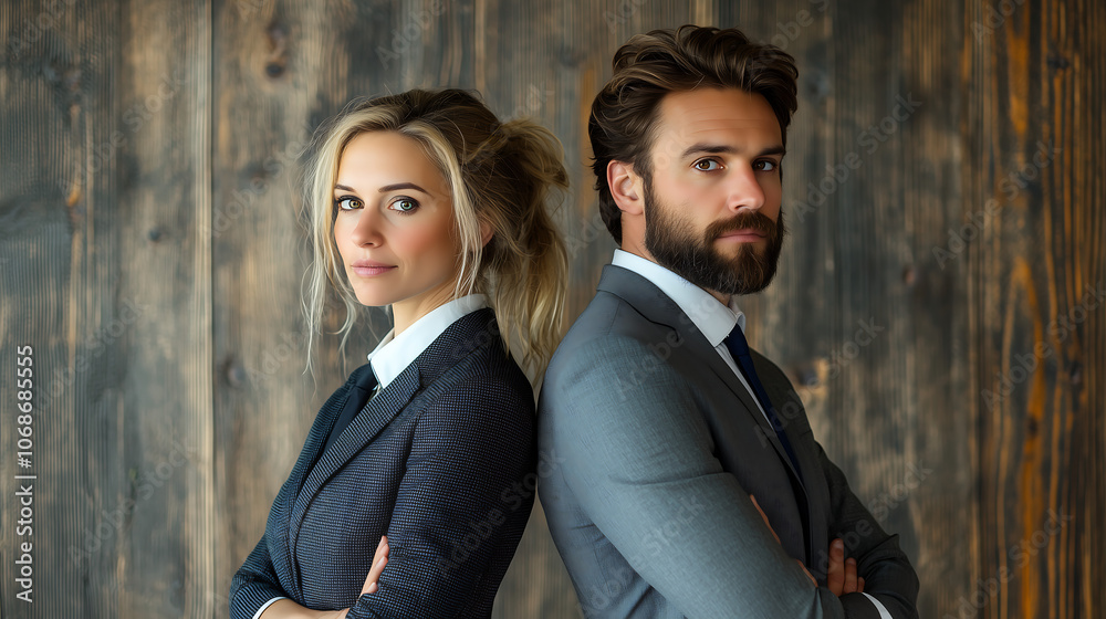 Confident Couple in Suits Against Wood Background Confident Couple in Suits Against Wood Background