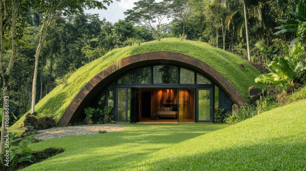 A minimalist underground house with a green roof and earthy exterior, designed for sustainable living, nestled in a tranquil, green environment. A minimalist underground house with a green roof and earthy exterior, designed for sustainable living, nestled in a tranquil, green environment.