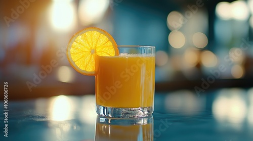 A refreshing and healthy glass of freshly squeezed orange juice in a transparent glass, the backdrop blurred to emphasize the vibrant, fresh color of the drink.