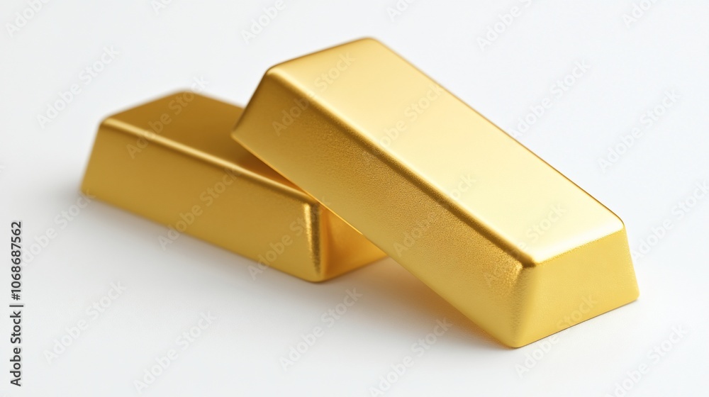 Two gleaming gold bars lie on a white background, their smooth surfaces catching the light. They represent wealth, prosperity, and financial security. Two gleaming gold bars lie on a white background, their smooth surfaces catching the light. They represent wealth, prosperity, and financial security.