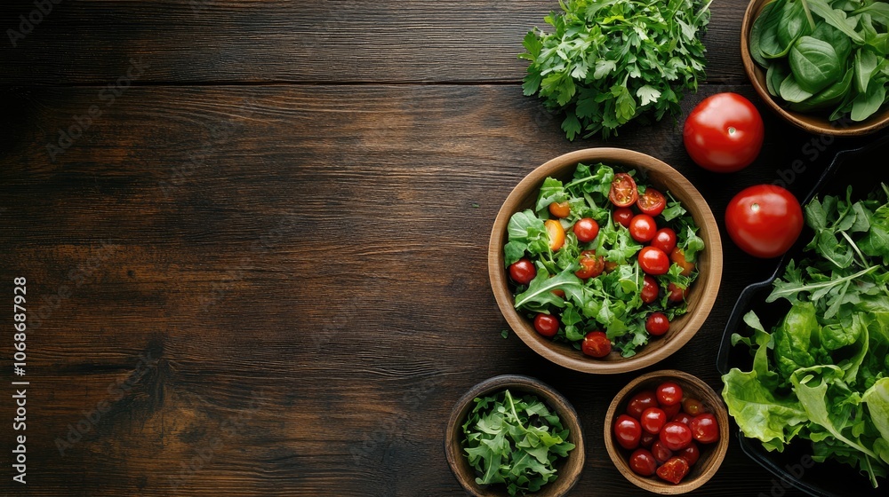 The background of a variety of fresh raw salad ingredients on the brown wooden table. top view The background of a variety of fresh raw salad ingredients on the brown wooden table. top view