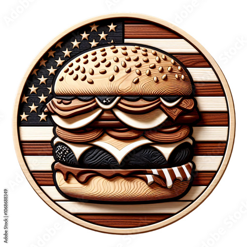 Ein Hamburger, das Nationalgericht in Amerika aus Holz geschnitzt. photo