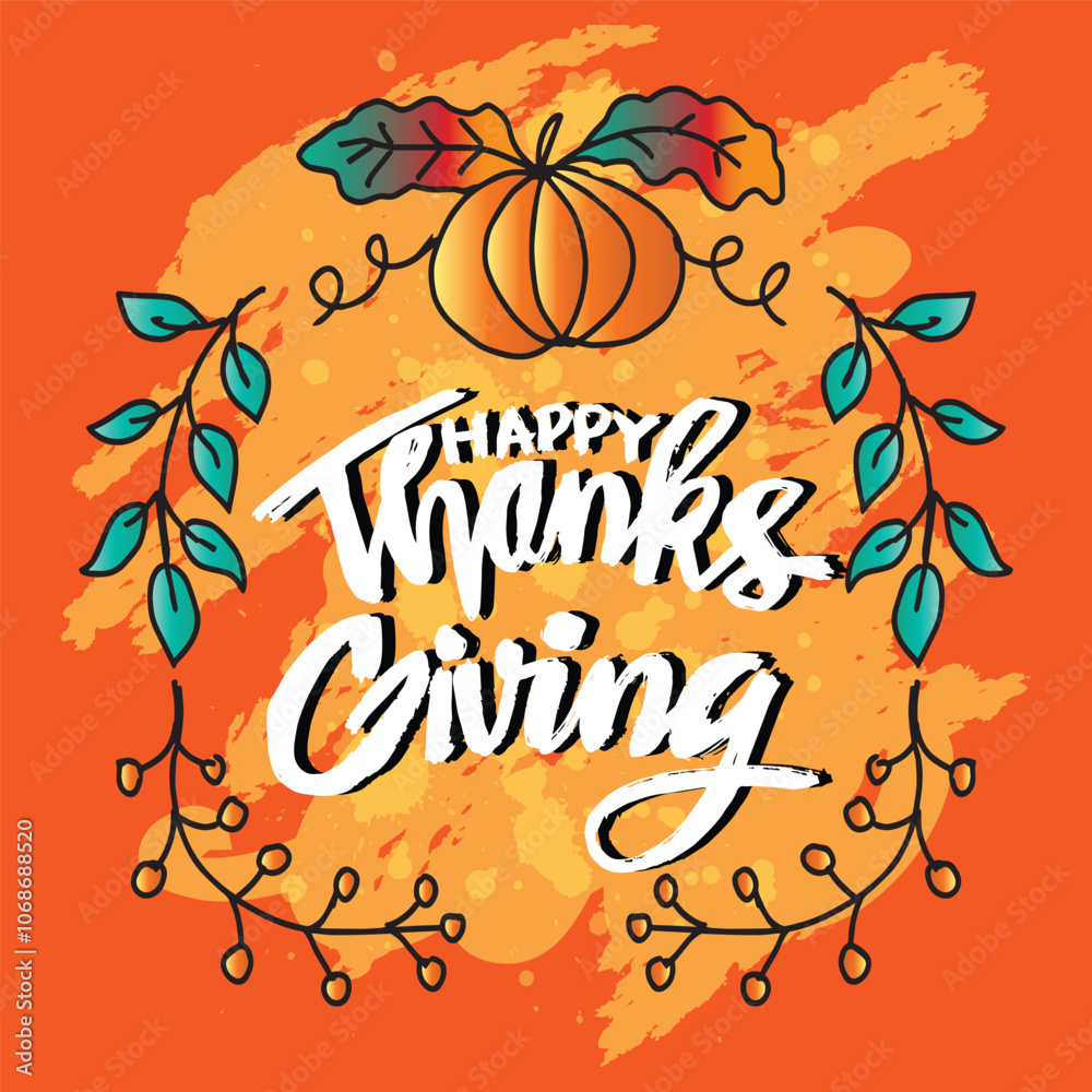 Happy Thanksgiving card. Hand drawn lettering with pumpkins. Vector illustration.
