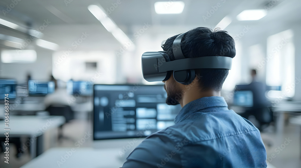 Photo - Man Using VR Headset in Modern Office Photo - Man Using VR Headset in Modern Office