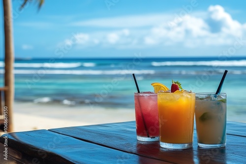 Tropical drinks on a beachside wooden table