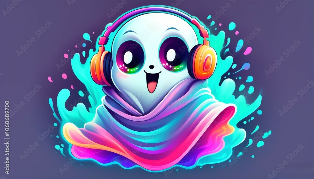 Fototapeta premium a sweet little, joyful, ghost in headphones, with big cheerful eyes in white robes iridescent, on a white background