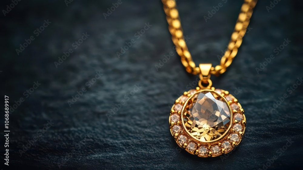A golden necklace with a large gemstone centerpiece displayed on a dark background, gold necklace, luxurious jewelry A golden necklace with a large gemstone centerpiece displayed on a dark background, gold necklace, luxurious jewelry