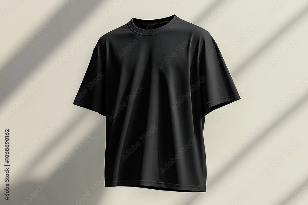Black T-shirt, smooth synthetic fabric, plain background.