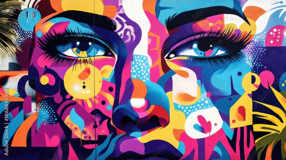 A vibrant street mural in graffiti style with bold colors and abstract forms, showcasing contemporary urban art and creative expression on a city wall.