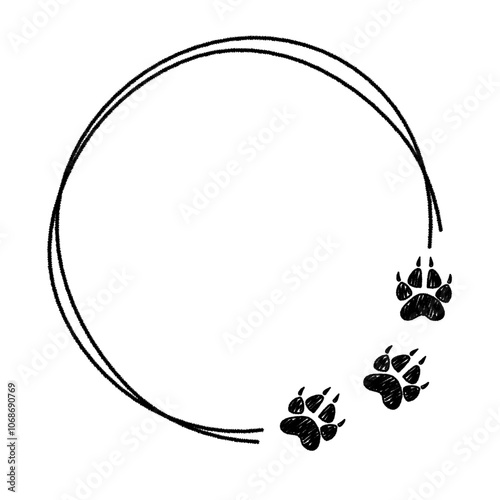Circle frame with pet paw print. Wild animal track footprints in brush stroke texture paint style. Traces of animals. Vector chalk graphic elements