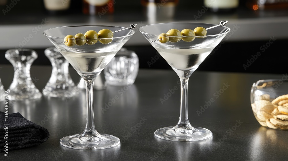 Elegant Martini Glasses with Olives on Bar Counter Elegant Martini Glasses with Olives on Bar Counter