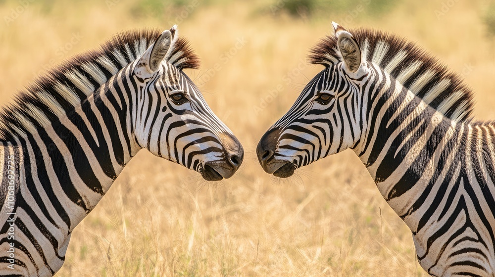 Two Zebras Face Each Other in Nature Setting Two Zebras Face Each Other in Nature Setting