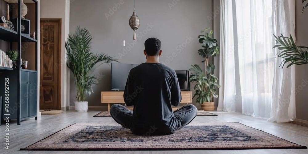 A man is sitting on a rug in a living room. The room is decorated with plants and a television. The man is focused on his meditation, and the room has a calm and peaceful atmosphere A man is sitting on a rug in a living room. The room is decorated with plants and a television. The man is focused on his meditation, and the room has a calm and peaceful atmosphere