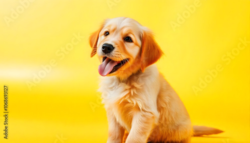 Portrait of a cute excited, healthy dog with shiny fur against a studio background