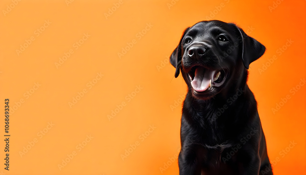 Portrait of a cute excited, healthy dog with shiny fur against a studio background Portrait of a cute excited, healthy dog with shiny fur against a studio background