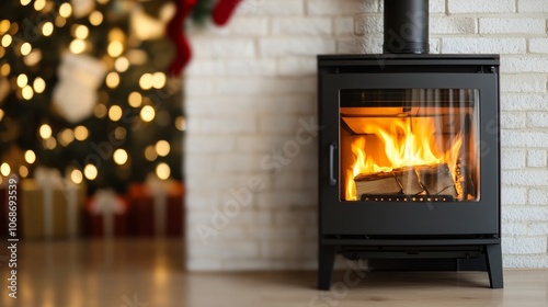 A cozy stove with a warm fire sits against a backdrop of a festive Christmas tree, creating a welcoming holiday atmosphere.