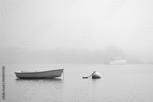 USA, Massachusetts, Nantucket, Boat and buoy on calm Nantucket Sound in fog
