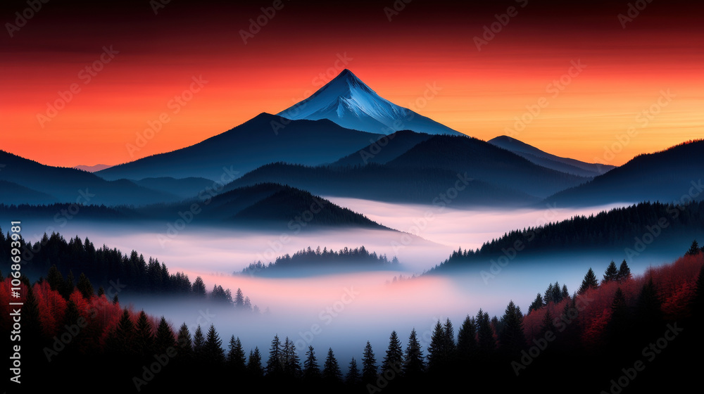 Majestic mountain peak surrounded by misty valleys and vibrant sunset Majestic mountain peak surrounded by misty valleys and vibrant sunset