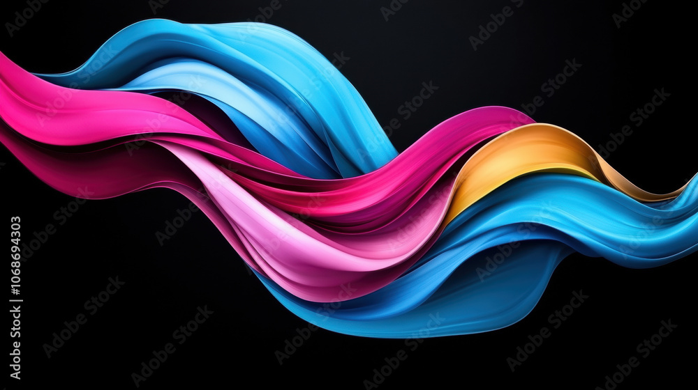 Vibrant waves of pink, blue, and gold flow gracefully on dark background Vibrant waves of pink, blue, and gold flow gracefully on dark background